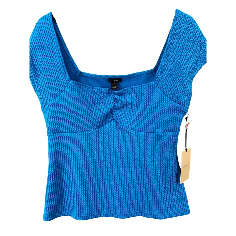 NWT Halogen Shirt Womens Sz M Sweetheart Neckline Ribbed Smocked‎ Bright Blue